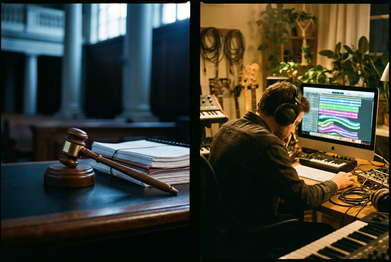 A split scene showing two contrasting worlds — on one side a courthouse with legal documents and gavels, on the other side a creative studio with colorful screens showing music visualizations and a musician wearing headphones working at a computer, warm lighting in the studio contrasting with cold blue tones in the courthouse