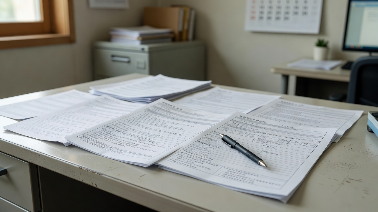government housing office document forms spread on a desk with a pen