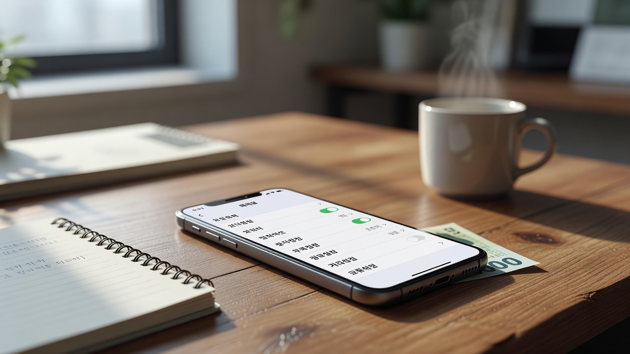 smartphone screen showing credit card app settings menu on a wooden desk