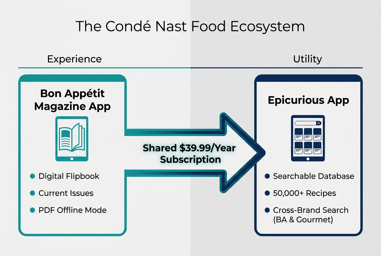Comparison diagram showing the difference between the Bon Appétit Magazine App and the Epicurious searchable recipe database app.