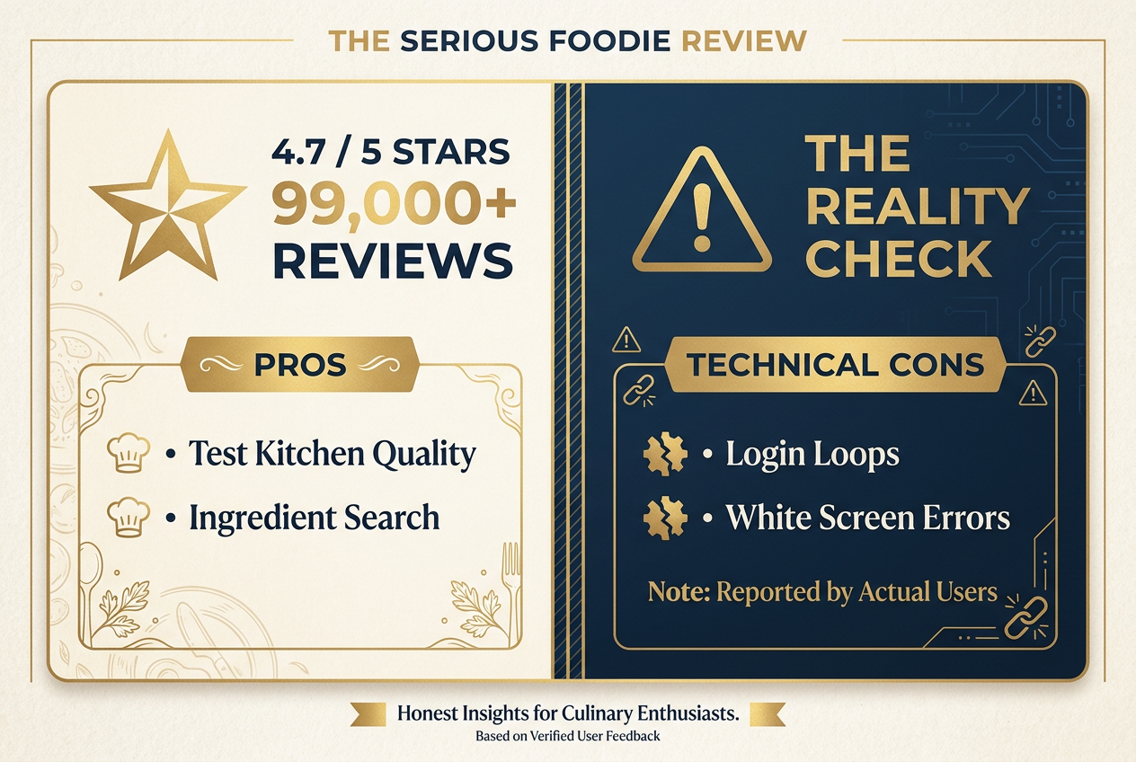 Review scorecard for the Epicurious and Bon Appétit apps showing a 4.7 star rating alongside common technical pros and cons.