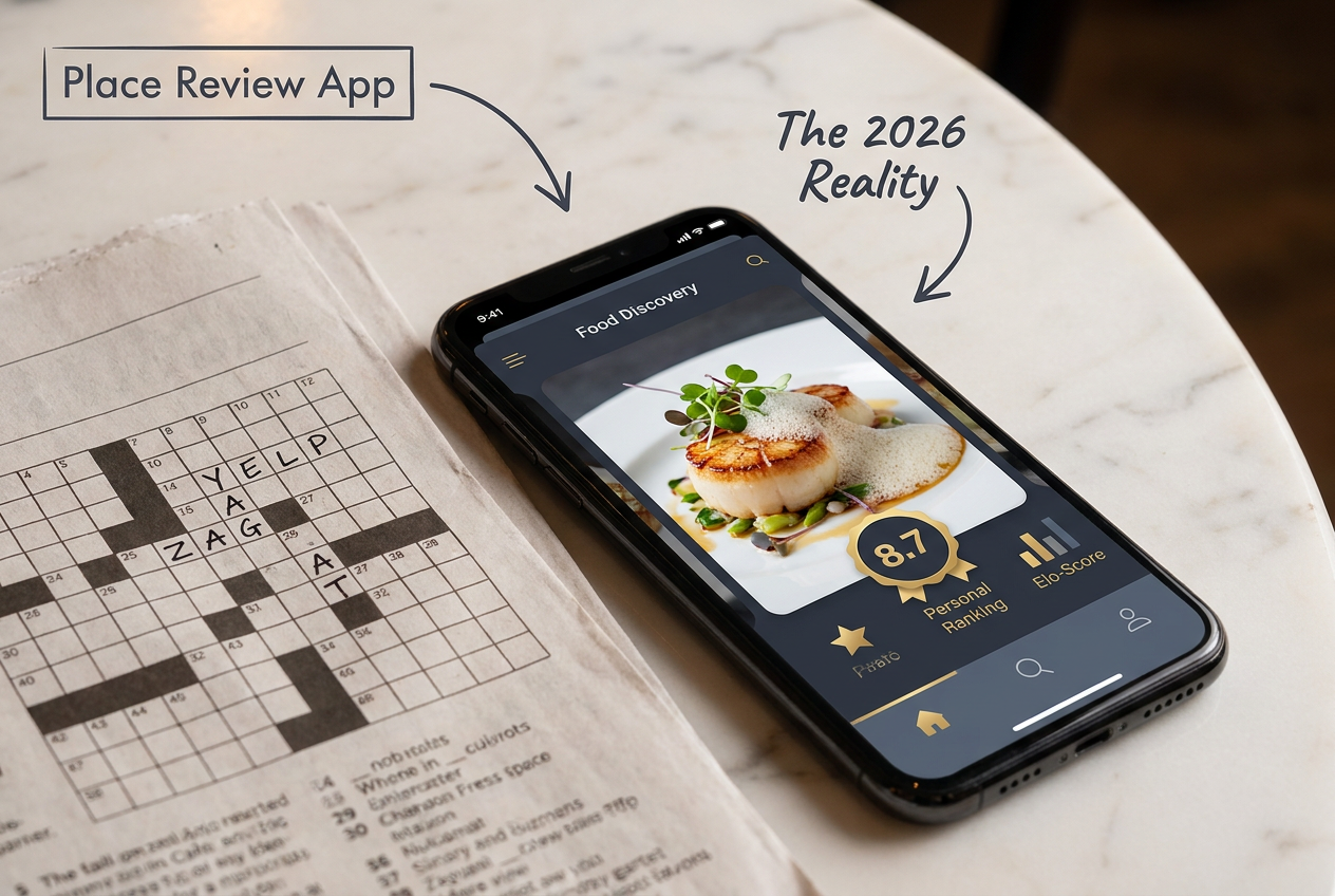 Crossword puzzle grid with Yelp and Zagat answers next to a modern restaurant ranking app on a smartphone, illustrating the shift in dining tech.