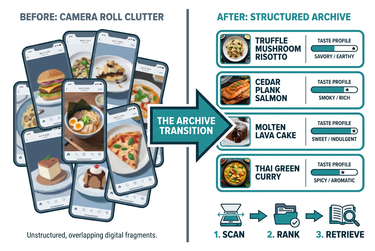 A comparison diagram showing a cluttered smartphone camera roll being converted into an organized restaurant archive with dish ratings and rankings.