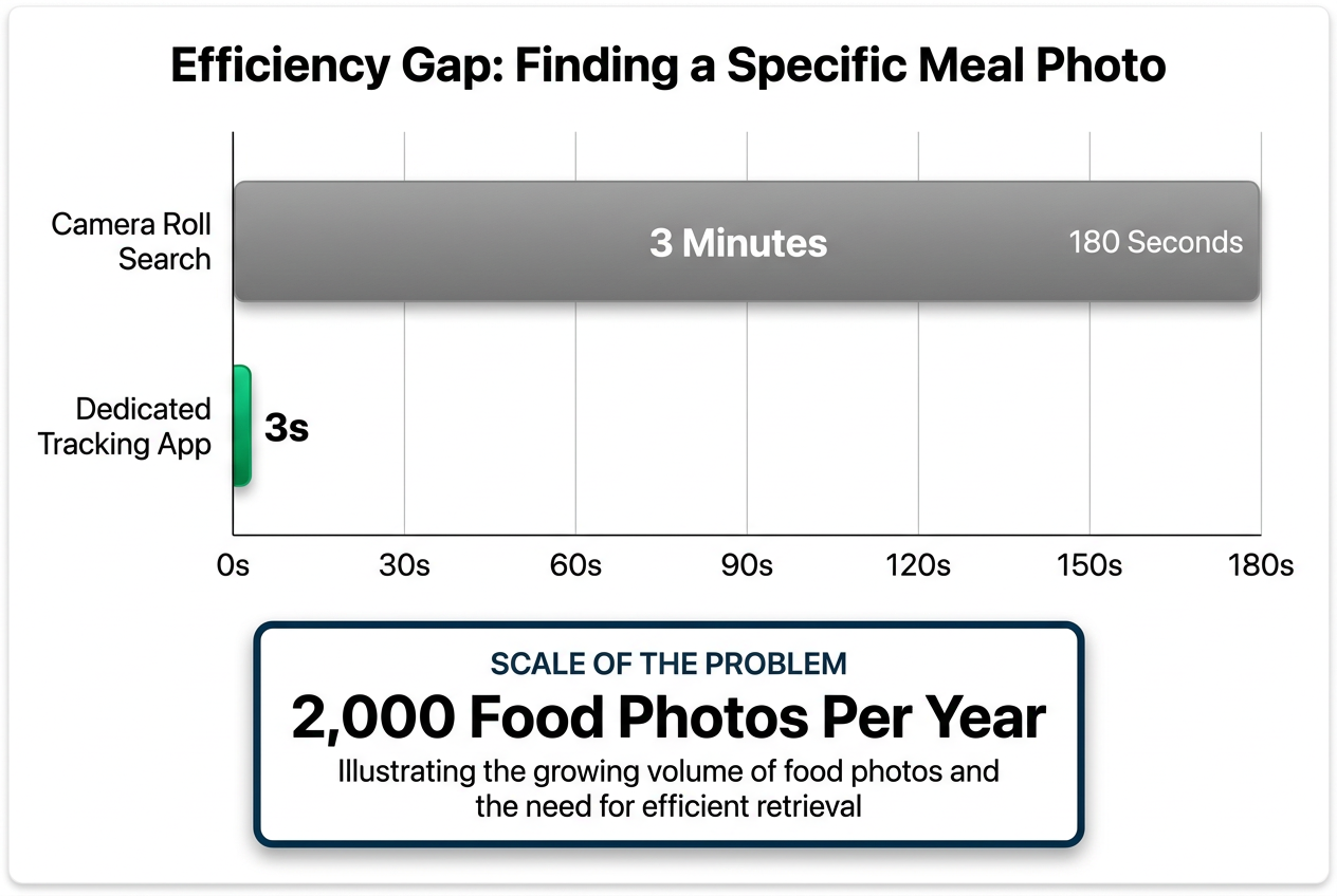 A bar chart showing it takes 3 minutes to find a meal in a camera roll versus 3 seconds in a dedicated restaurant tracking app.