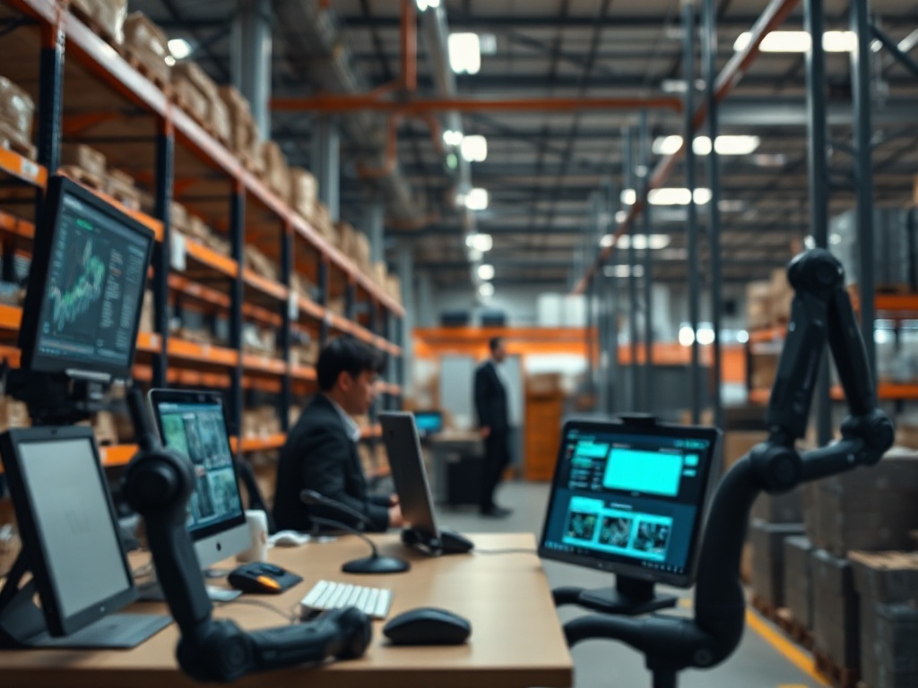 Illustration of automated warehouse robots improving efficiency and reducing errors in AI-driven business logistics