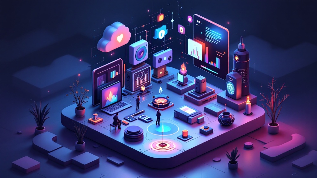 Illustration of AI tools and technology icons representing artificial intelligence concepts and applications