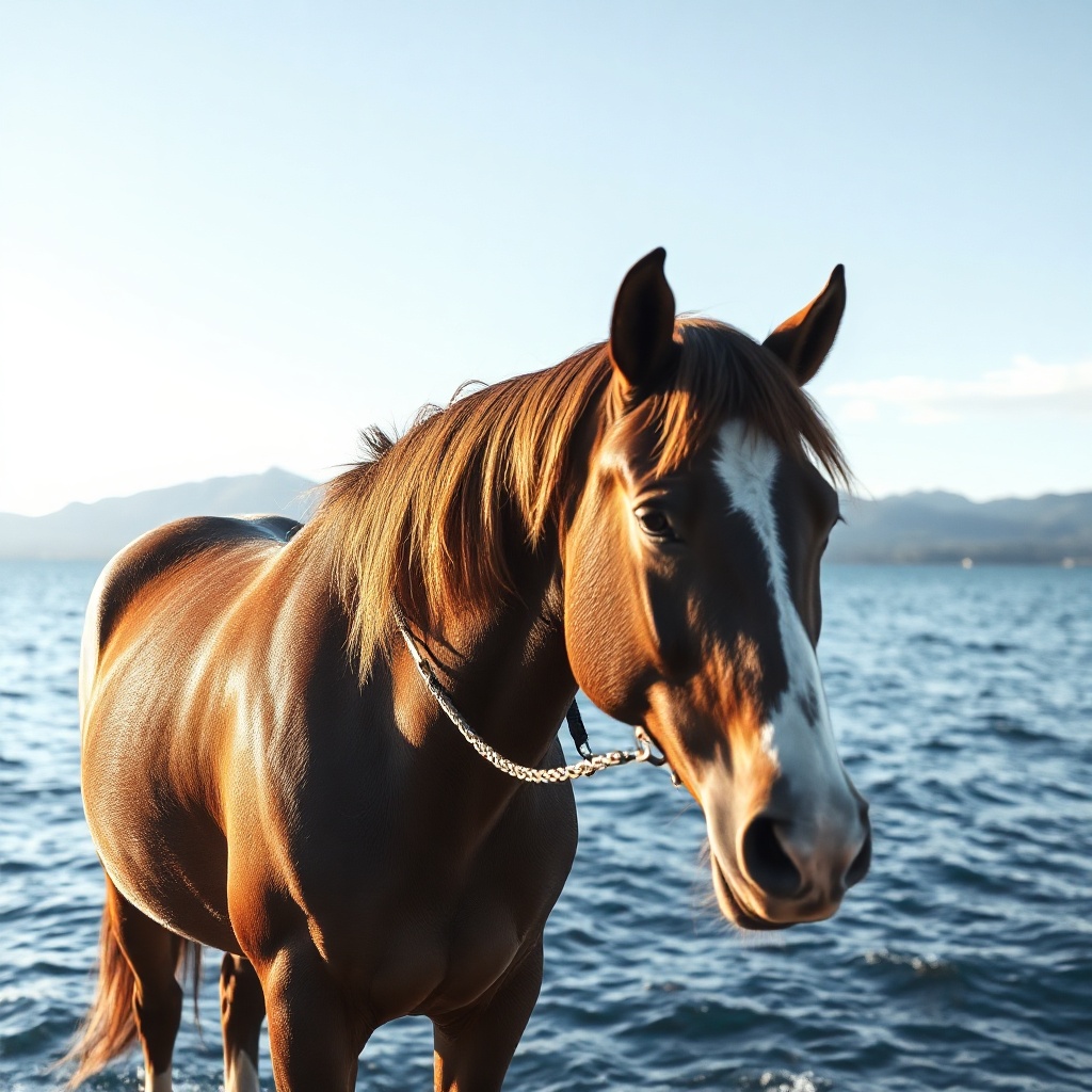 A horse by the ocean with mountains in the background