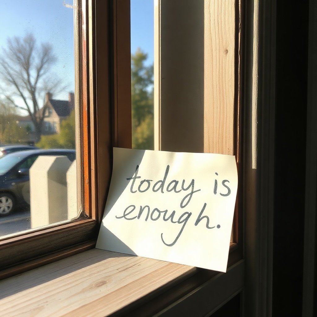 A handwritten note on a sunlit window sill that reads "today is enough"