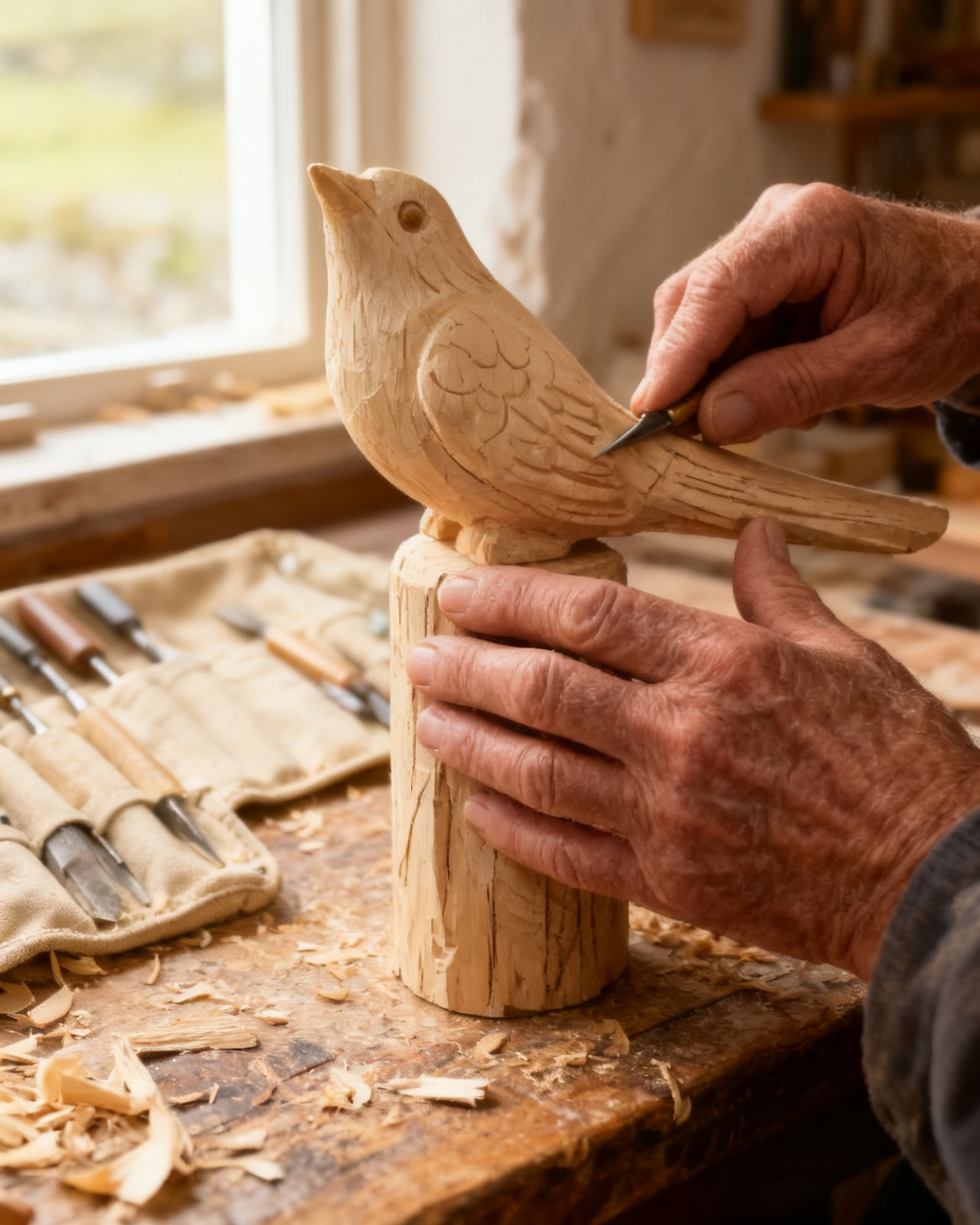 Marion carving at her bench