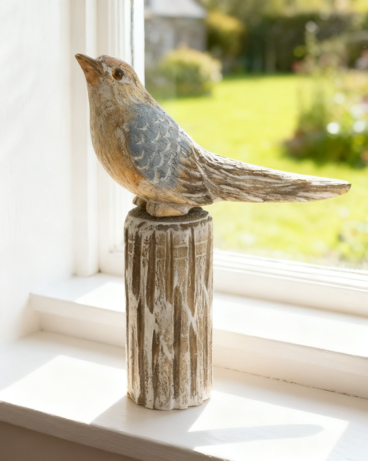 Hand-carved wooden songbird on a turned lime post