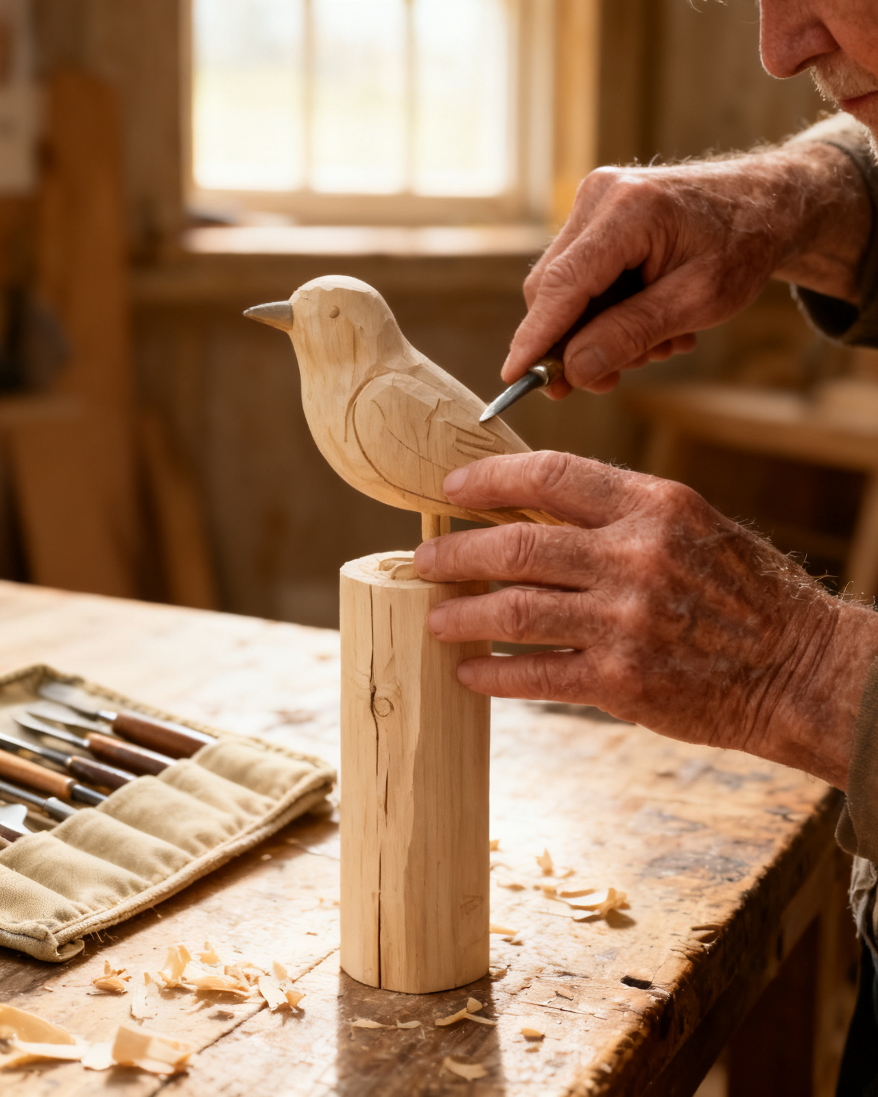 The maker carving at his bench