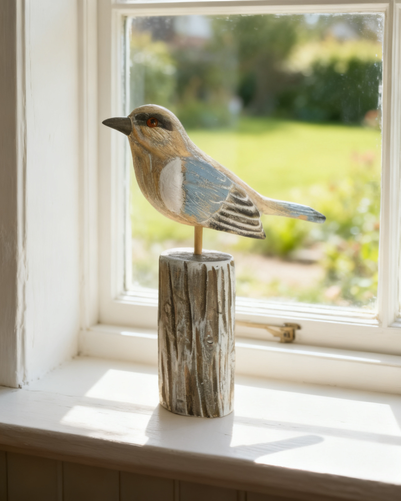 Hand-carved wooden bird on a turned lime post