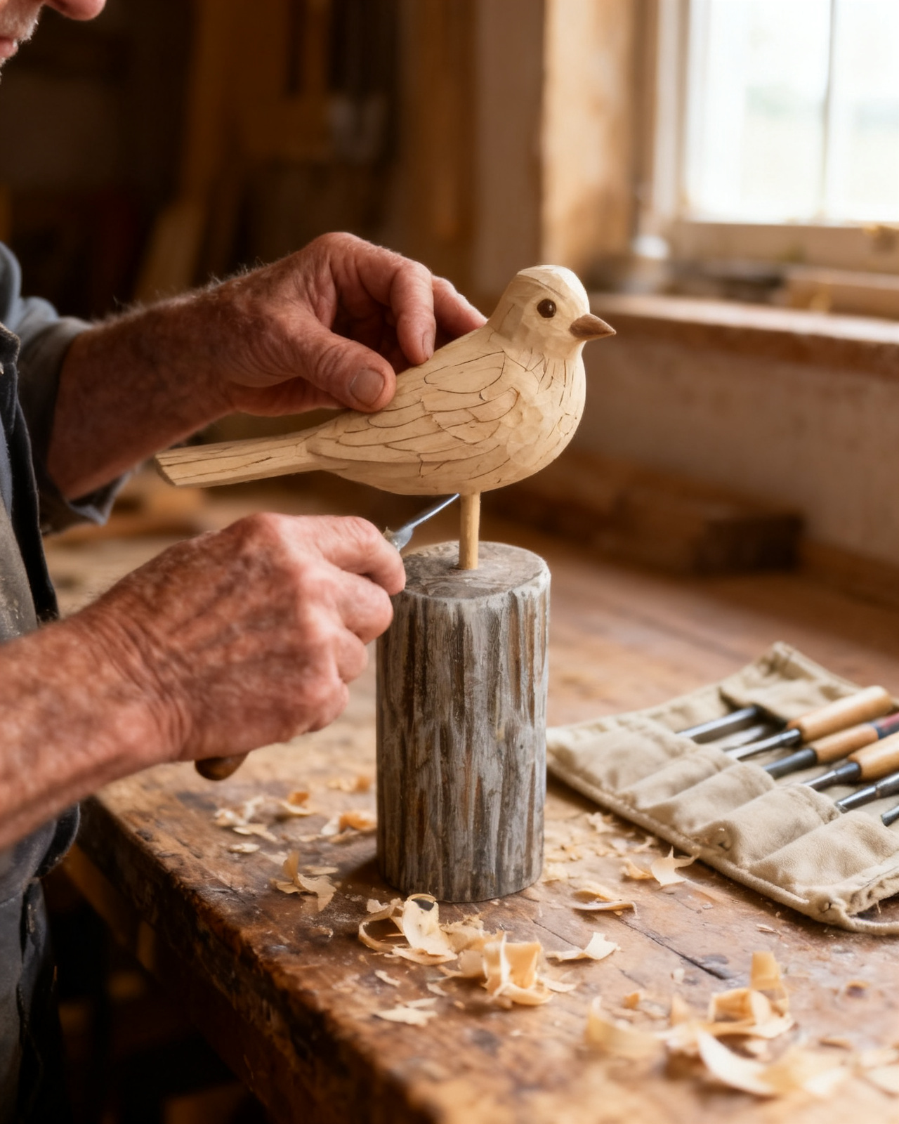 Ted carving a wooden bird at his bench above the valley