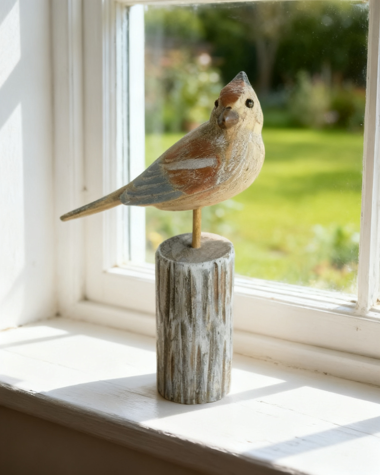 Hand-carved wooden songbird on a turned lime post