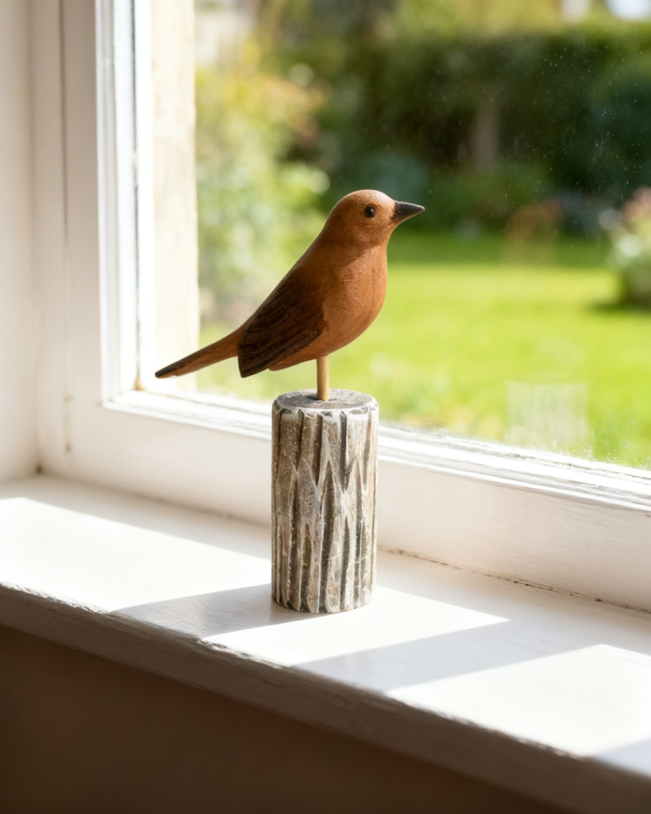 Hand-carved wooden bird in bare unpainted lime on a distressed turned post