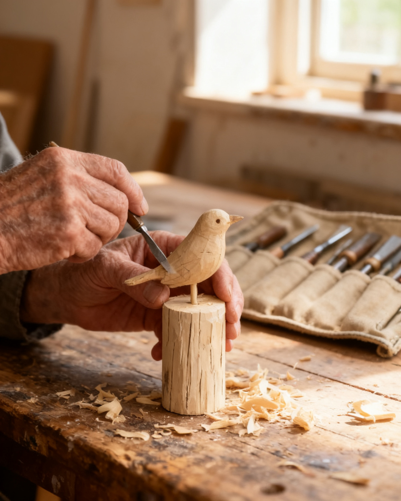 Albert carving a wooden bird at his bench in the Fens