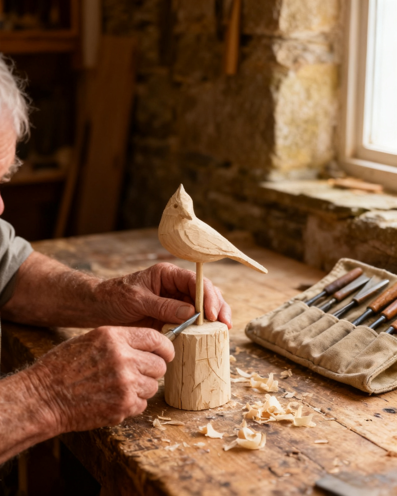Maurice carving at his bench