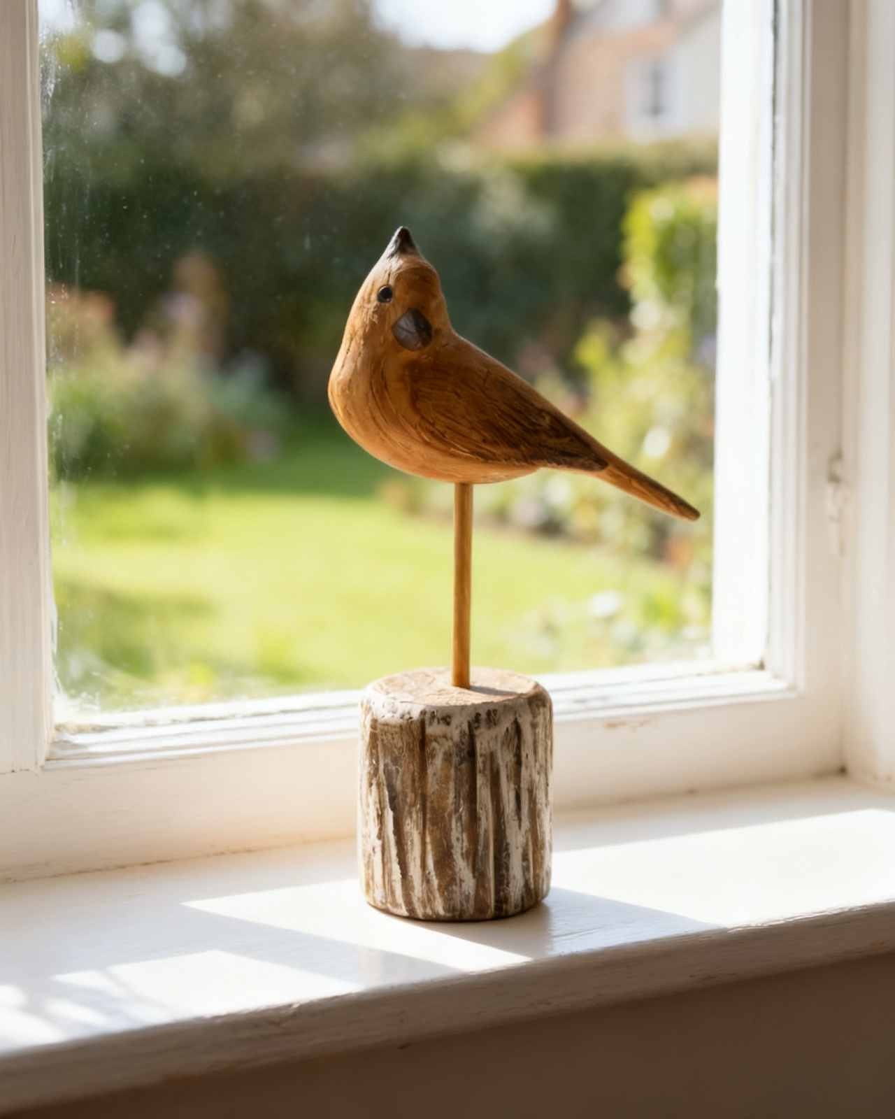 Hand-carved bare-wood bird with a small crest on a distressed turned lime post