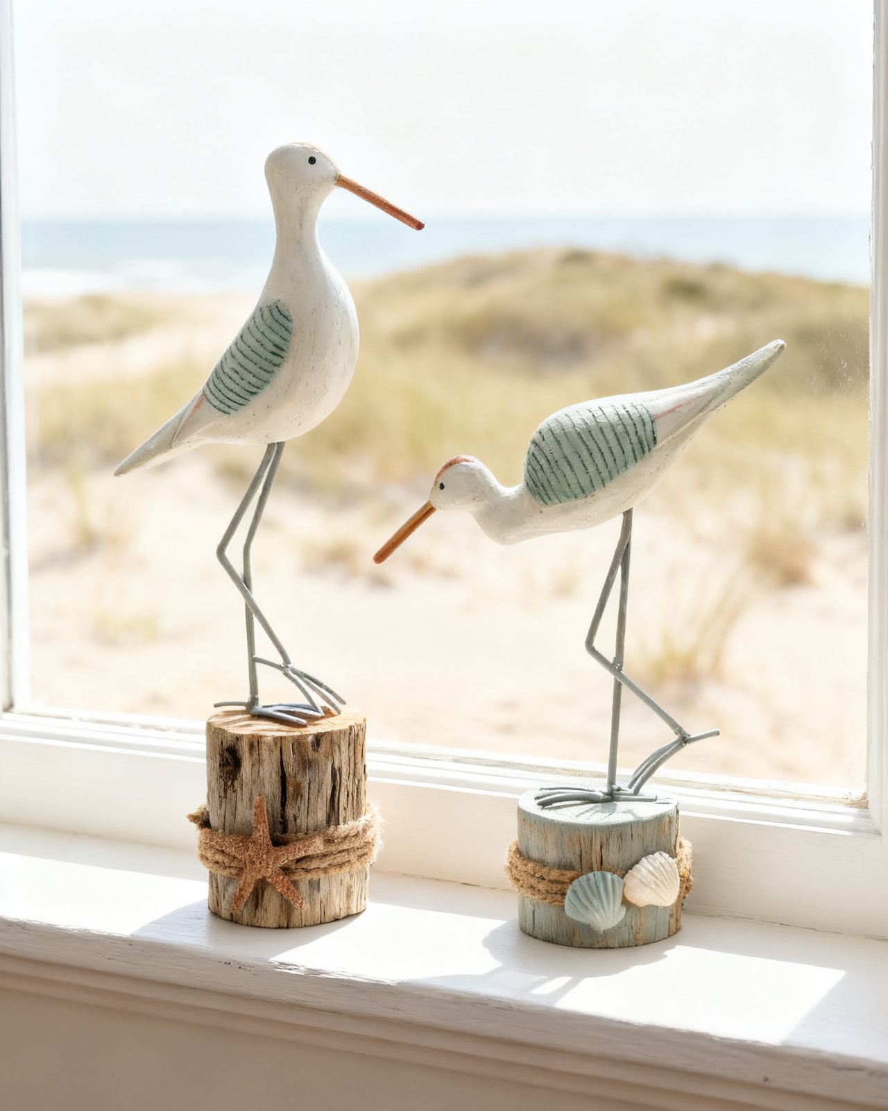 A pair of hand-carved driftwood seabirds on rope-wrapped posts
