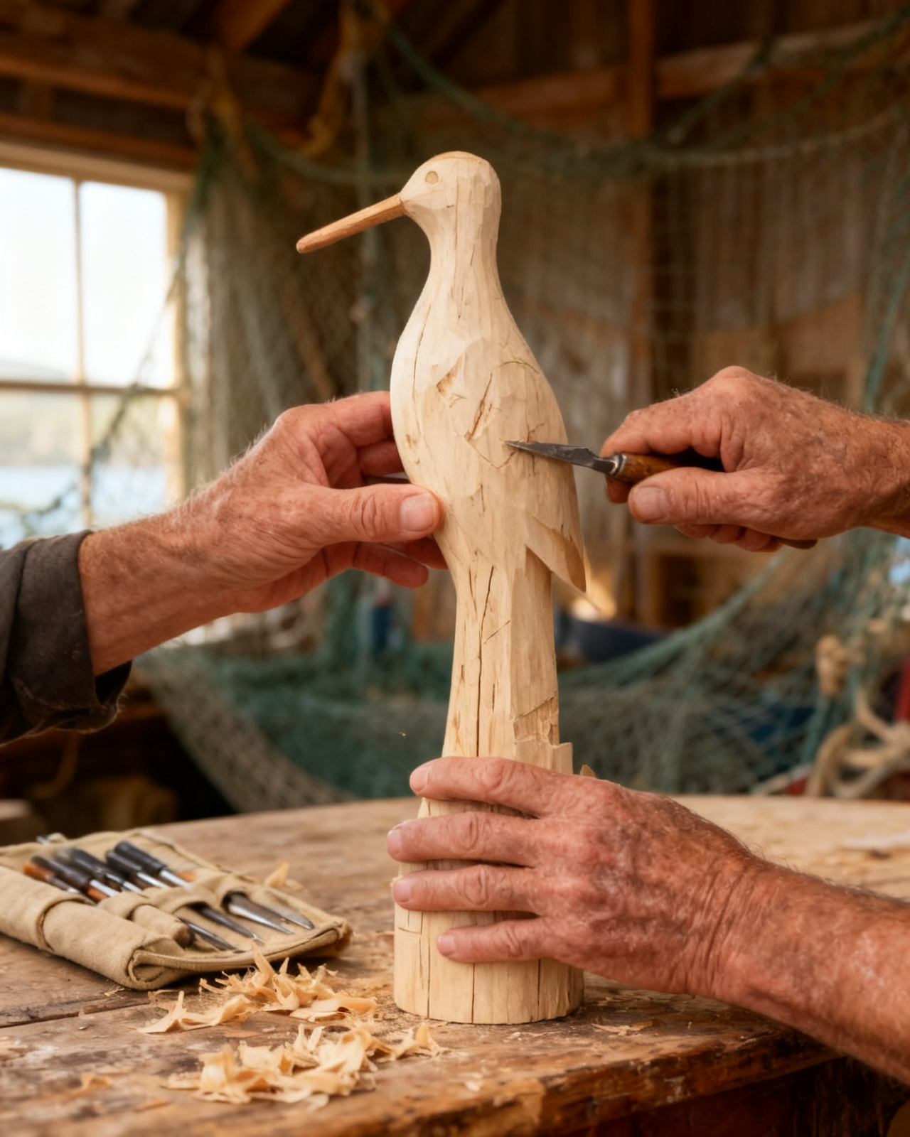 Jack carving at his bench in the net-loft