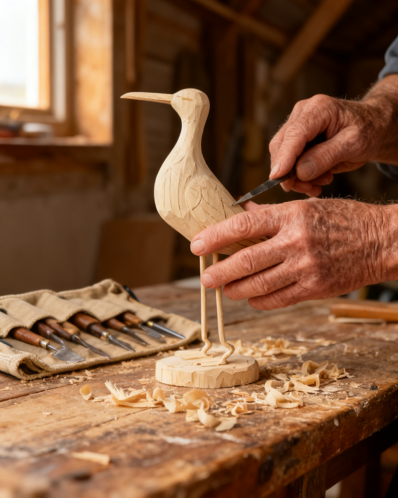 Donald carving at his bench in the boat-shed