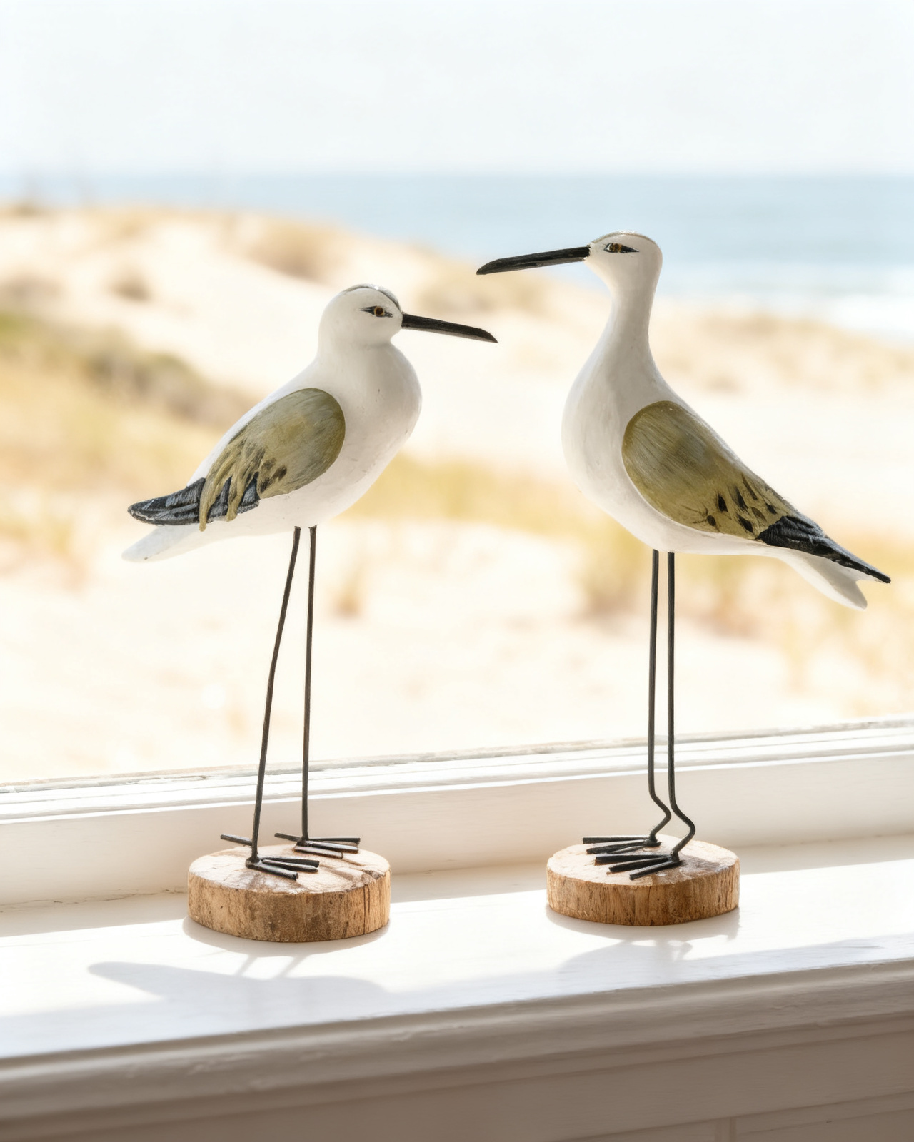 A pair of hand-carved wooden coastal seabirds on long black wire legs and round wood bases