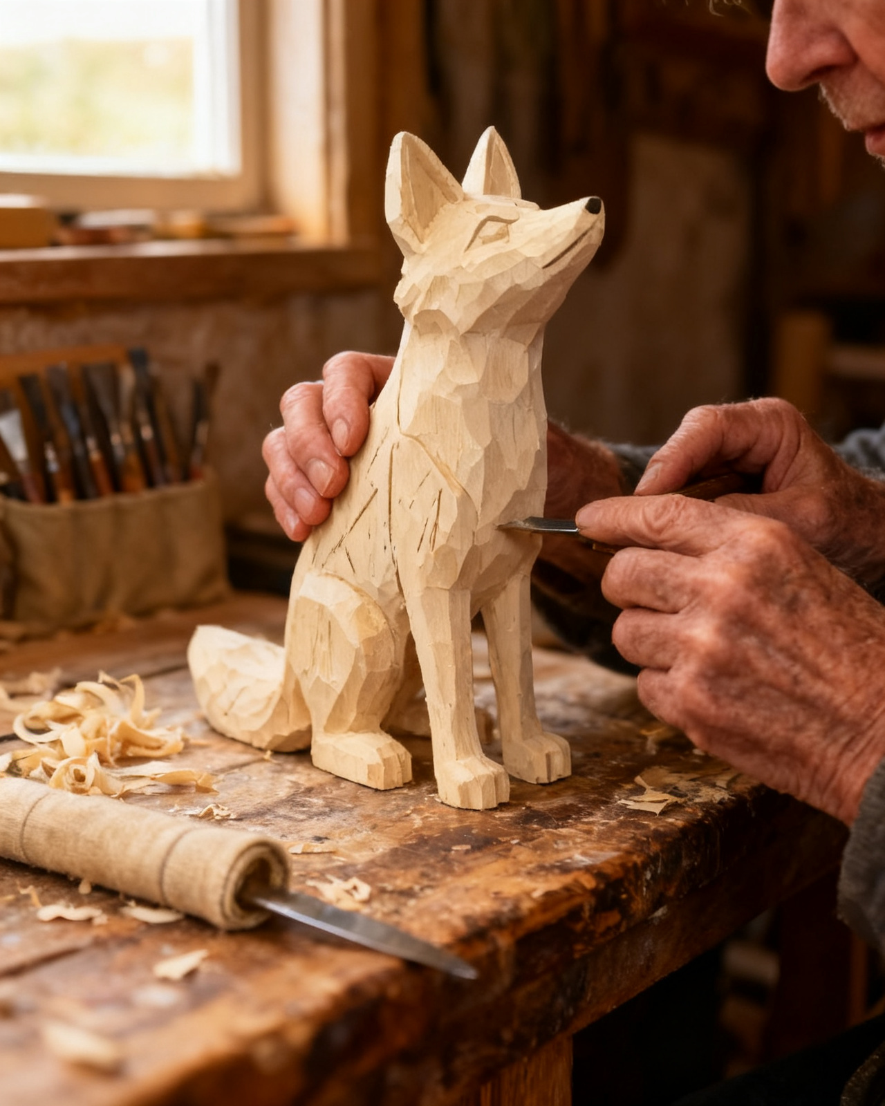 Iain carving the fox at his bench
