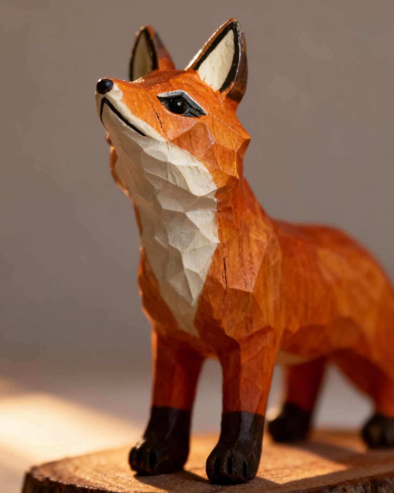 Grain and tool-mark detail on the carved fox