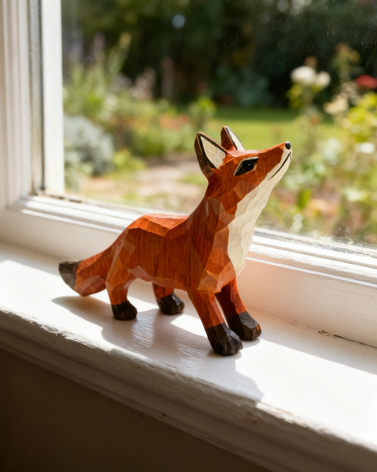 Studio front view of the carved fox