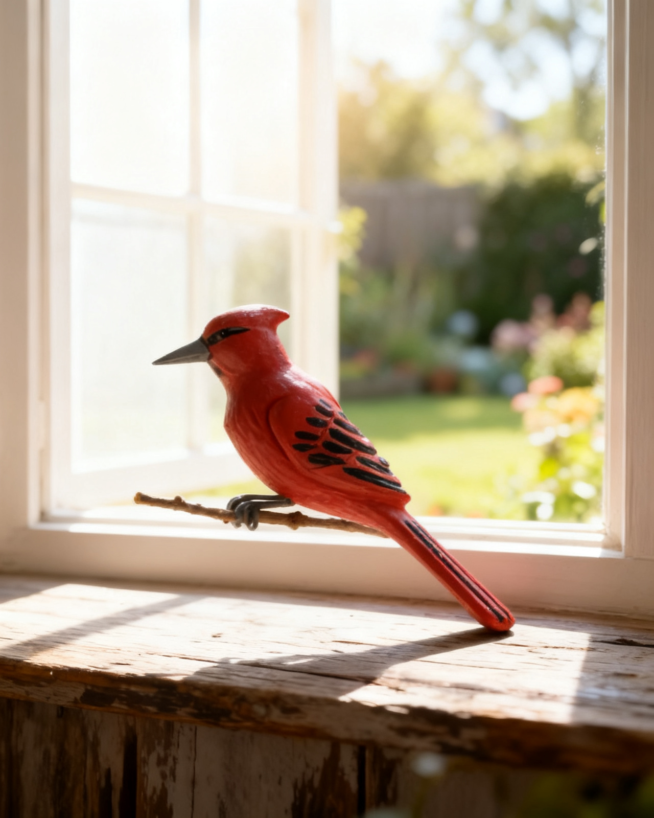 Hand-painted wooden cardinal — deep red body with a black mask — on a thin branch perch