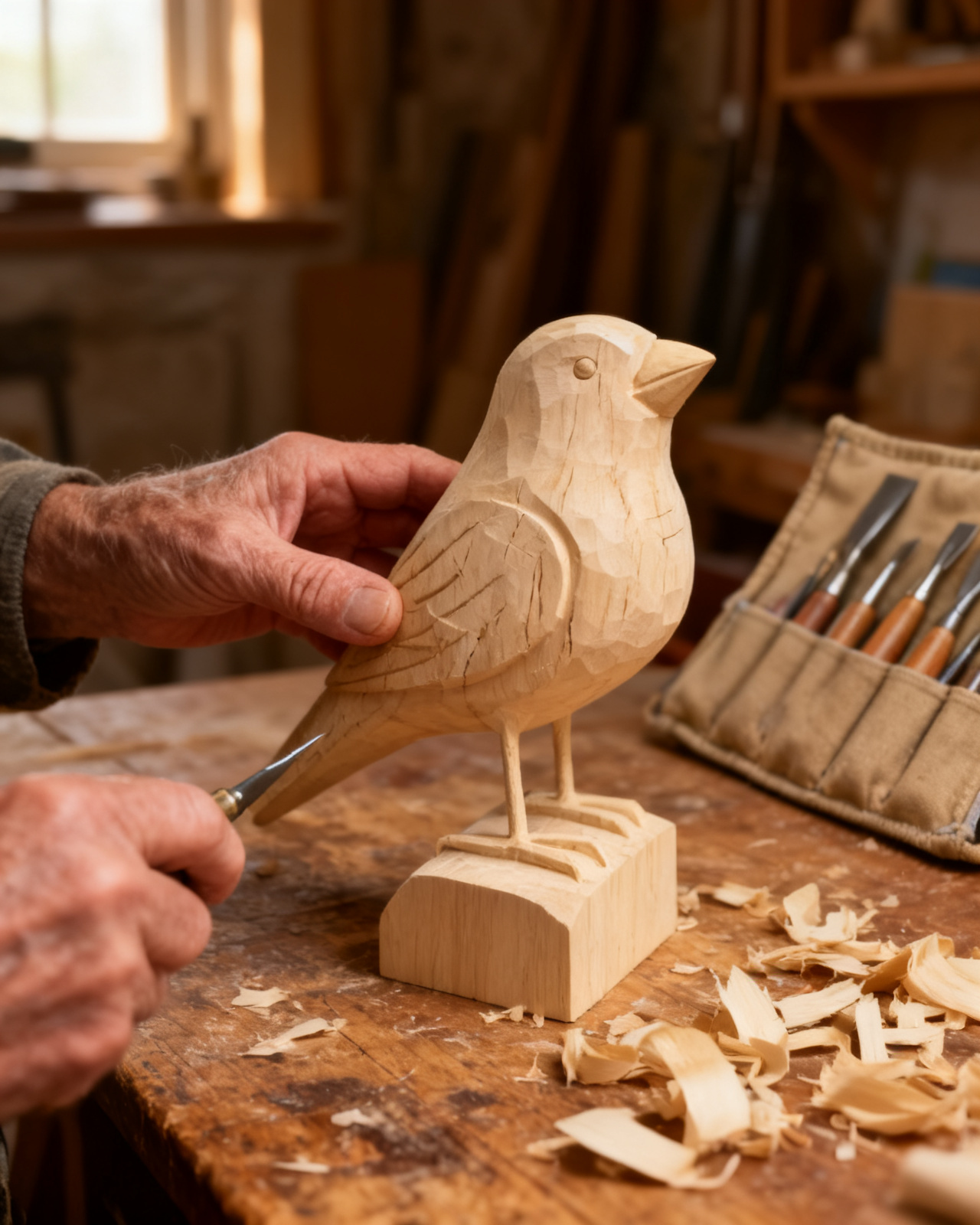 Gordon carving at his bench