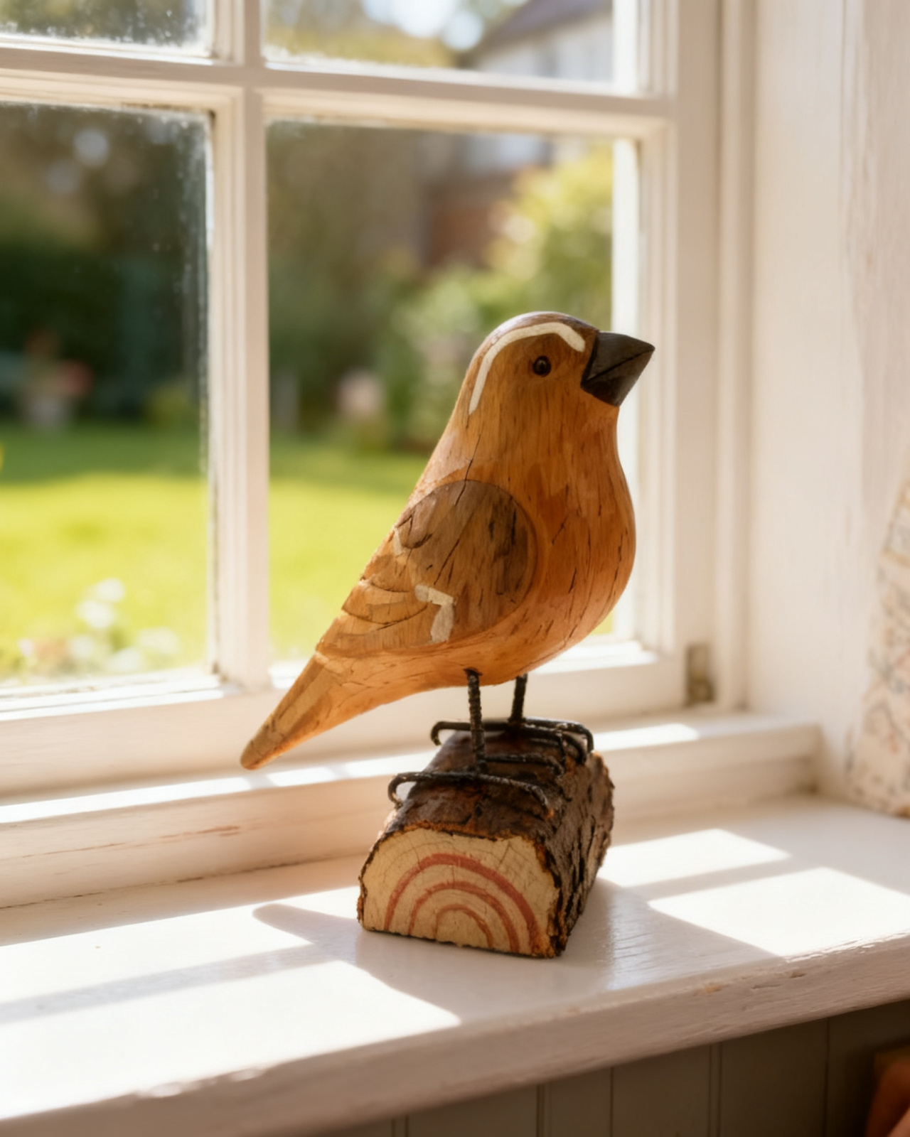 Hand-carved wooden finch on a real bark-on Lakeland log