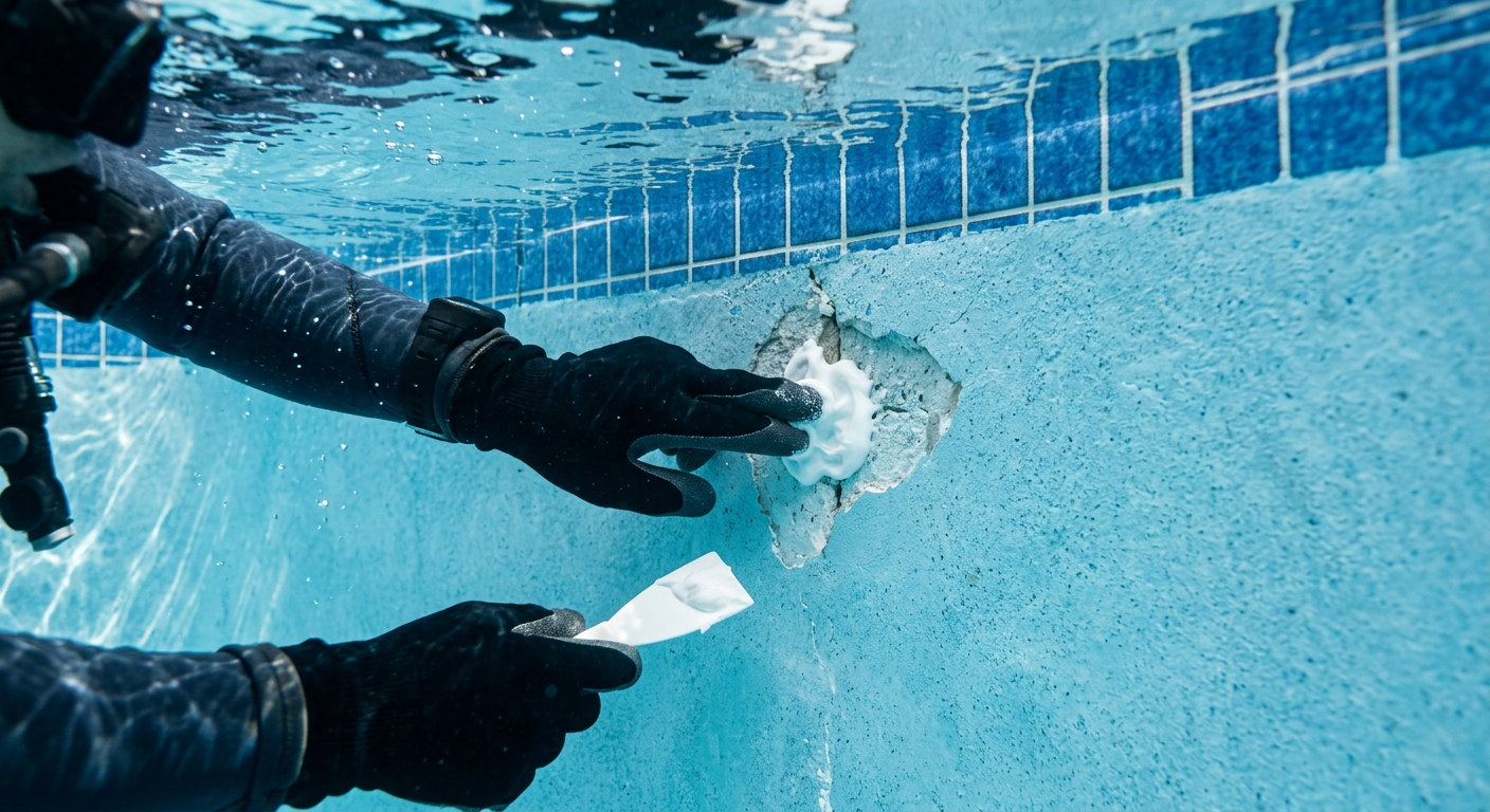 Detailed underwater repair scene showing a worker’s gloved hands mixing and pressing repair compound into a pool plaster d...