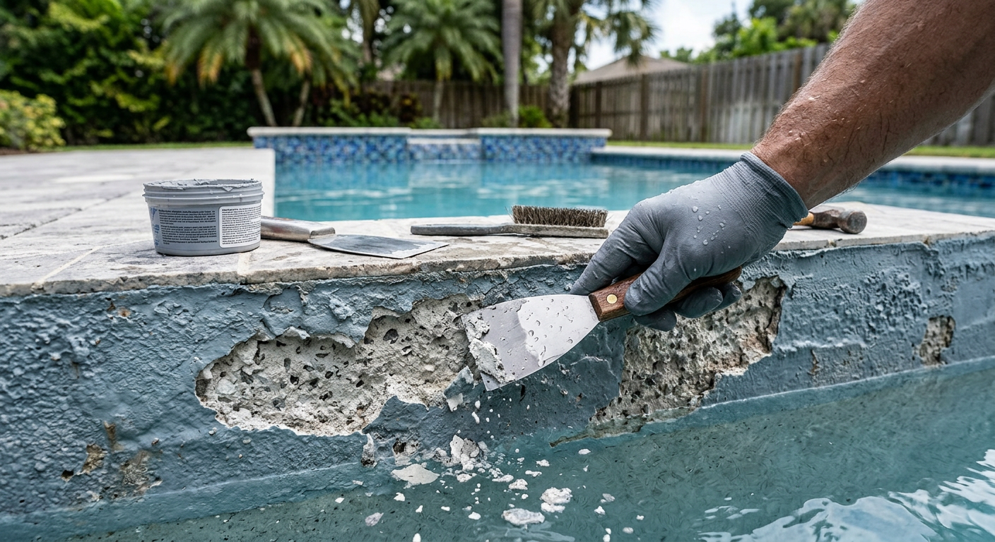 Close-up photorealistic shot of a hand scraping loose pool plaster from a damaged pool wall, with clear view of rough edge...