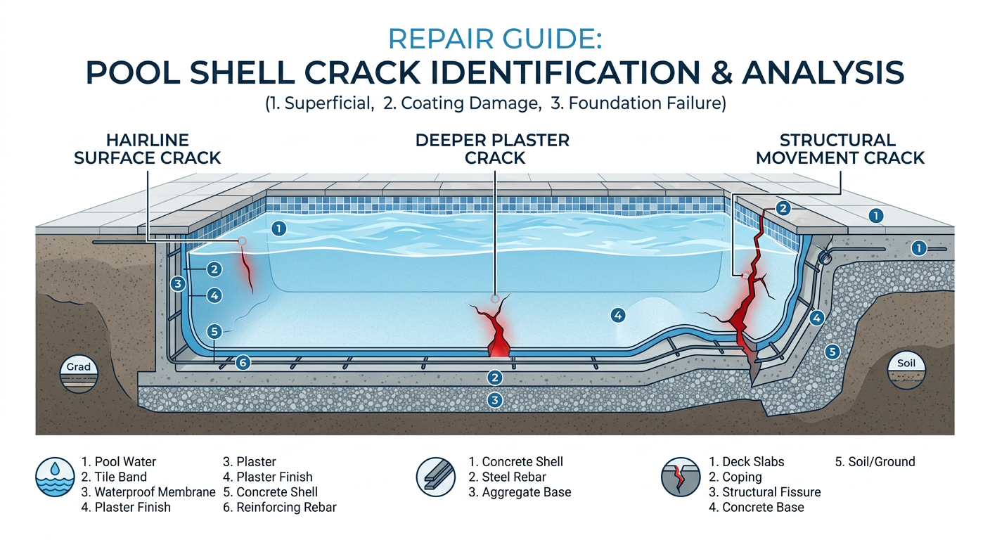 Modern illustrative cutaway view of a pool shell showing three crack types, hairline surface crack, deeper plaster crack, ...
