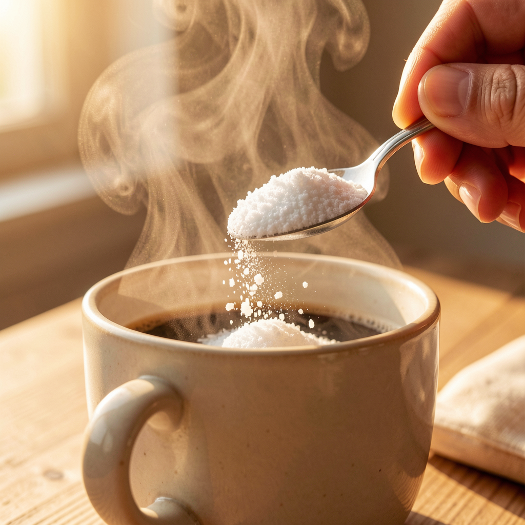 Pouring monk fruit sweetener into coffee