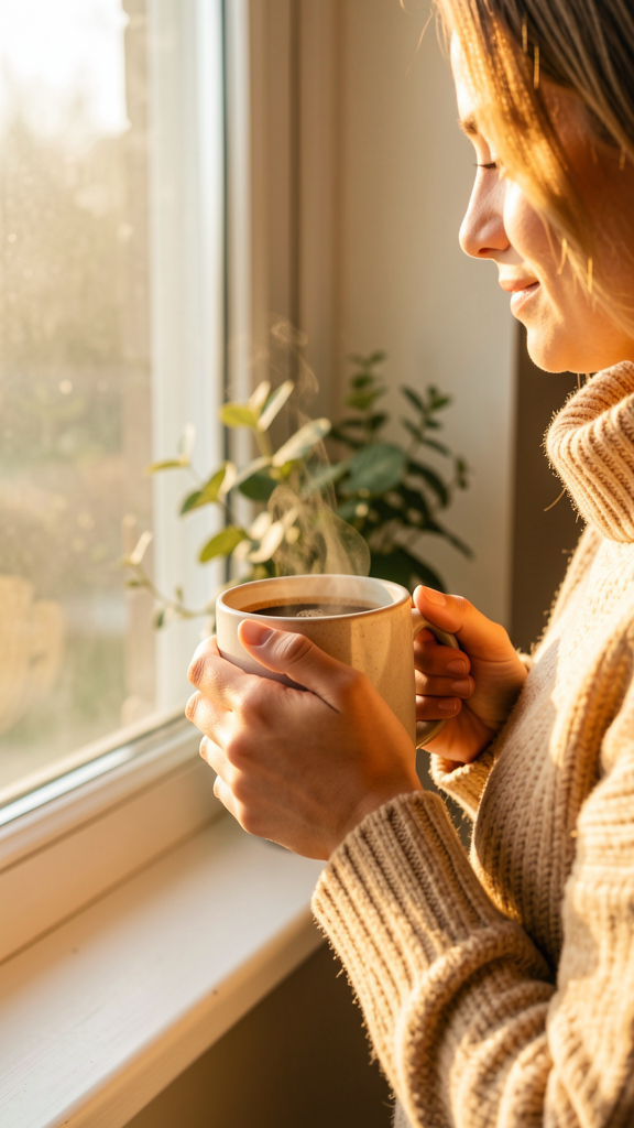 Enjoying coffee with monk fruit sweetener by a window