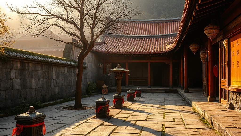 Cour intérieure d'un monastère bouddhiste du Henan, pierres anciennes et toits en tuiles courbes