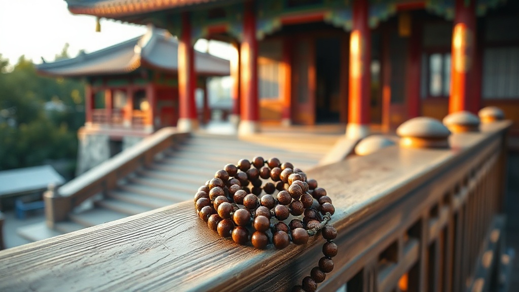 Mala bouddhiste en bois posé sur une rambarde de temple chinois, lumière dorée