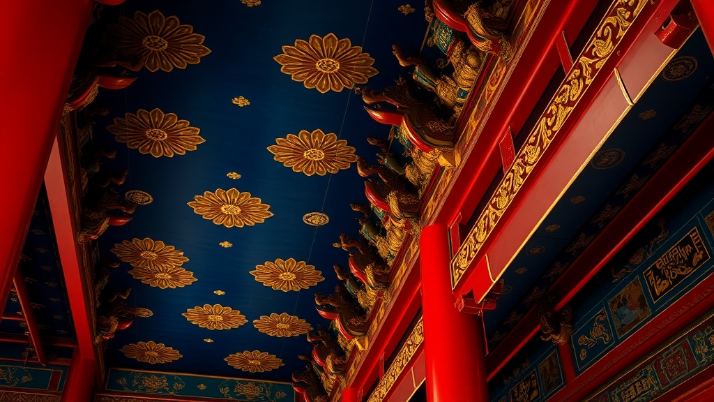 Plafond peint et colonnes laquées de rouge du Dacheng Lou, sanctuaire central de Putuo Zongcheng