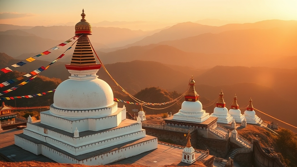 Stupas tibétains blancs sur les terrasses du complexe de Chengde, entourés de drapeaux de prière colorés