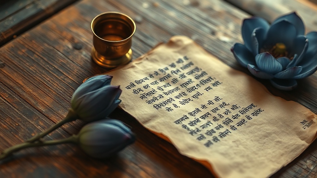 Aged parchment with Tibetan script beside a brass ritual cup and dried lotus pod on a wooden surface