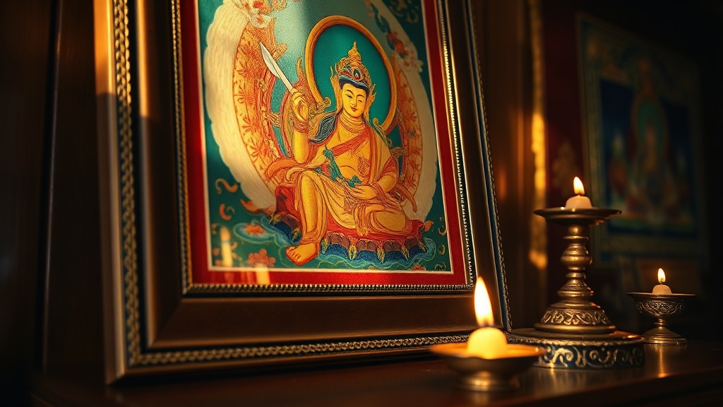 Tibetan thangka painting of a bodhisattva with a flaming sword, rich mineral pigments on a wooden altar