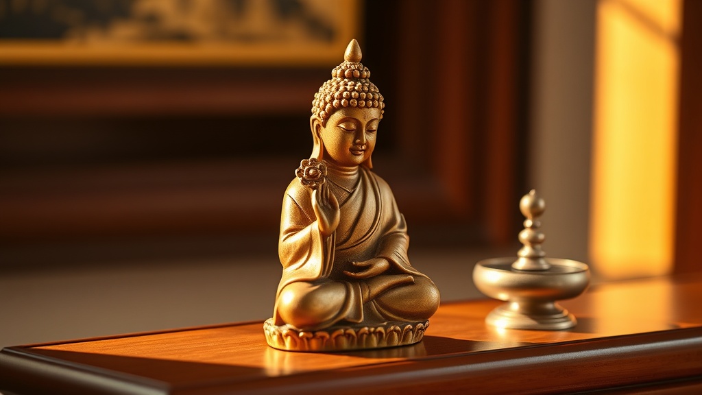 Gilded Buddhist bodhisattva figurine with ornate crown seated on a wooden altar shelf