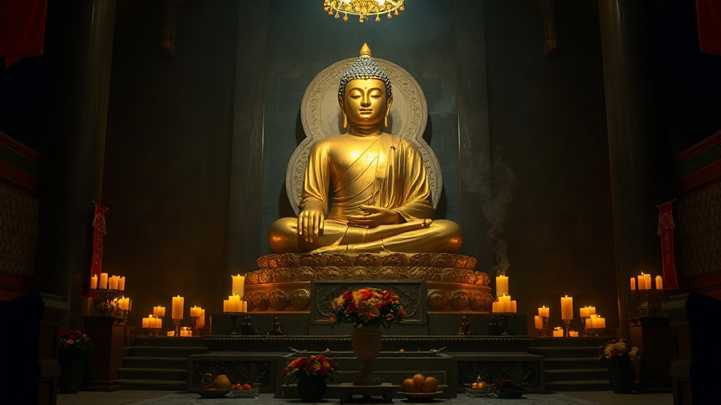 Statue de Bouddha dorée en position de méditation dans le hall principal du temple Kaiyuan