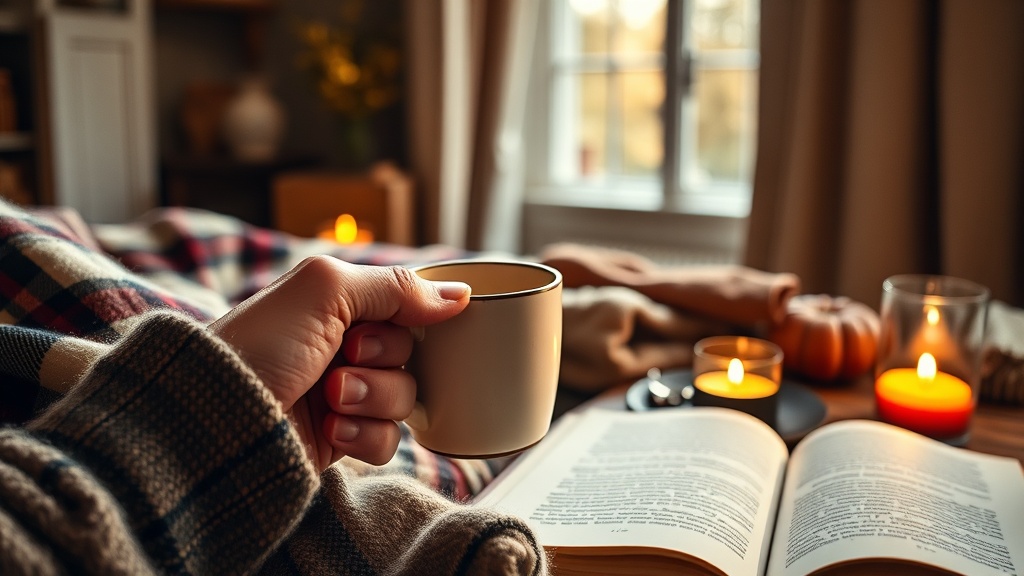 Mains tenant une tasse de thé chaude avec bougie allumée et plaid en arrière-plan