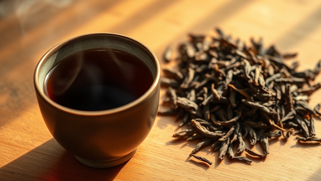 Tasse de Hojicha avec feuilles torréfiées sur surface en bois, vapeur visible
