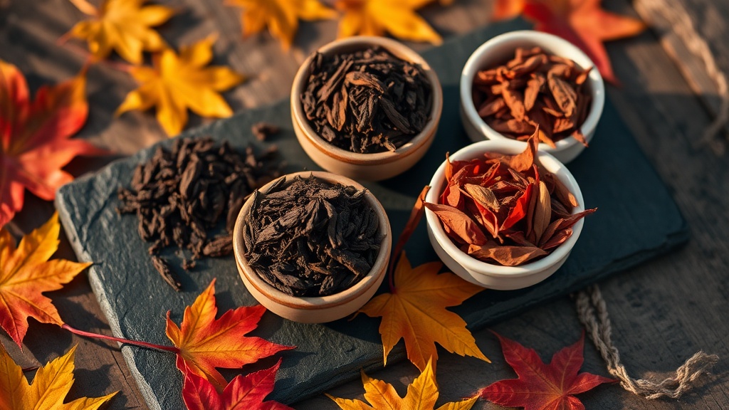 Différentes variétés de thés noirs en feuilles : Assam, Darjeeling et Yunnan sur une ardoise