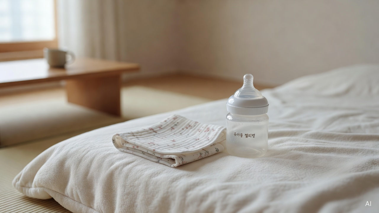 baby bottle and burp cloth placed on a soft white blanket