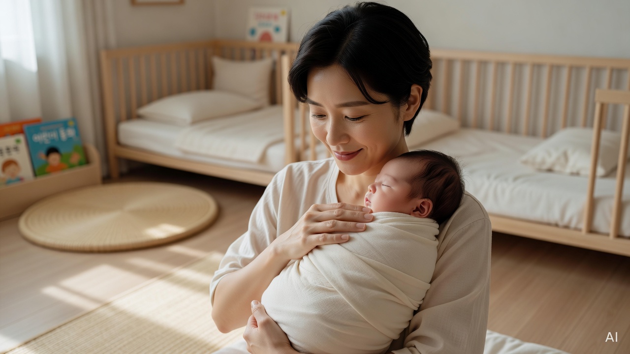 Korean woman in her 30s, short black hair, gently patting a swaddled baby on her shoulder in a dimly lit nursery room